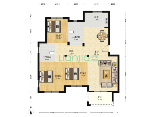 五星佳苑 3室1厅2卫 125平方