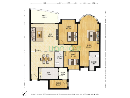 华南新城南区 3室1厅2卫 153平方
