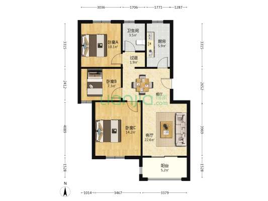 邻山壹景 3室1厅1卫 86平方