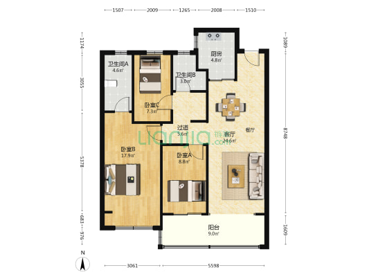 美盛金水印一期 3室1厅2卫 114平方