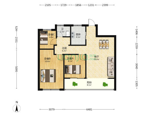万城杭悦府 3室1厅1卫 95平方