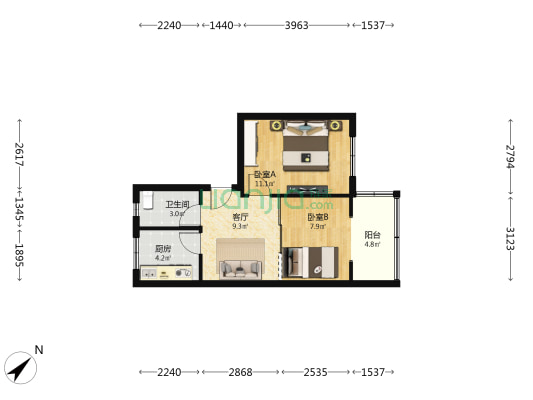 鸥鹏大道382号院 2室1厅1卫 53平方
