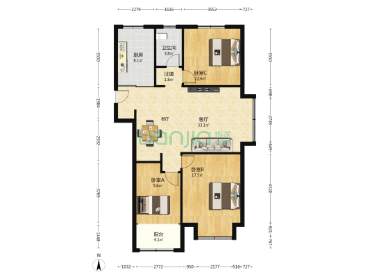 怡和嘉园 3室1厅1卫 119平方