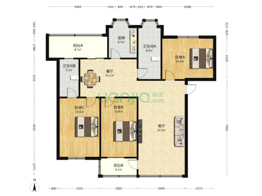 和谐家园 3室2厅2卫 140平方