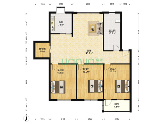 汉马路 3室1厅1卫 136平方