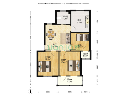 新都花园 3室1厅1卫 86平方