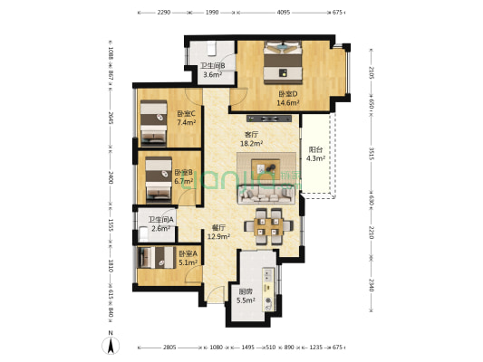 中邦城市花园 4室2厅2卫 97平方