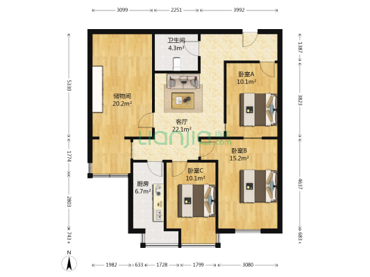 官鲤公寓 3室1厅1卫 116平方