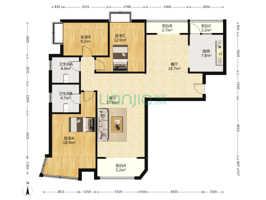 钻石商圈 高品质社区 南北通透大三居-户型图