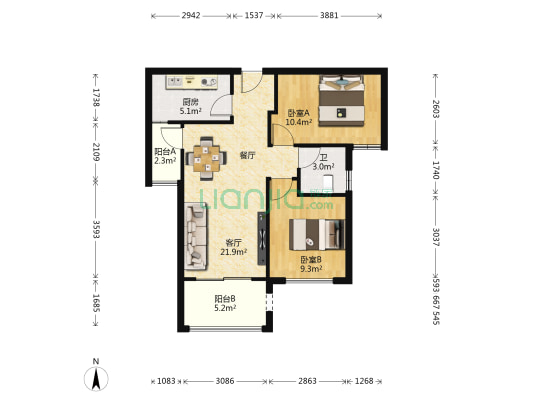 龙湖湘风原著B1区 2室1厅1卫 76平方