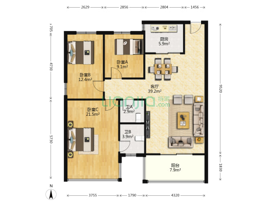 裕华园 3室1厅2卫 129平方