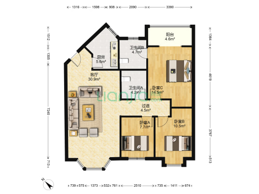金色阳光 3室1厅2卫 102平方