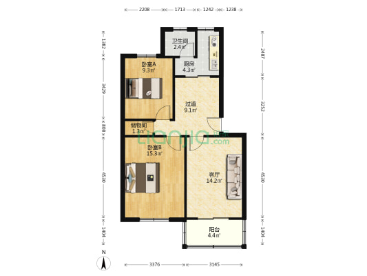 自行车公司宿舍 2室1厅1卫 77平方
