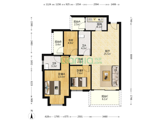金科中央华府东区 3室1厅2卫 91平方