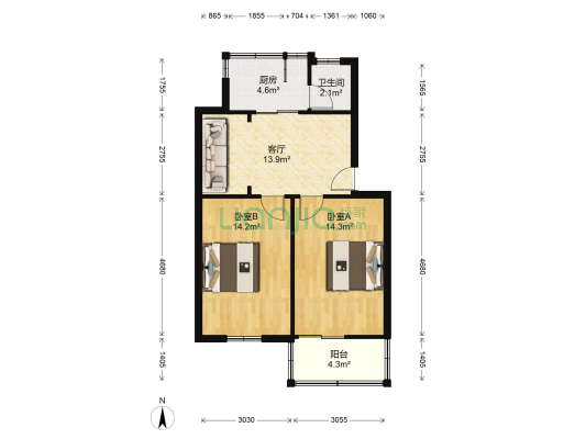 凤凰村小区 2室1厅1卫 68平方