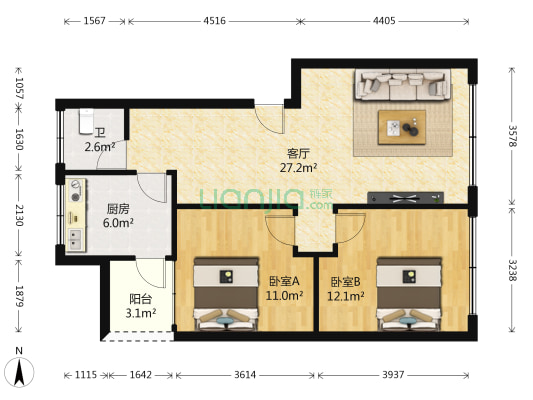 光明路二段367号 2室1厅1卫 86平方