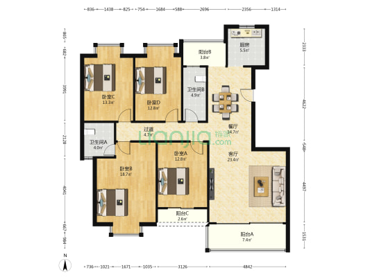 美苑小区 4室2厅2卫 154平方