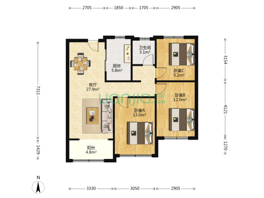 万科山望二期 3室1厅1卫 105平方