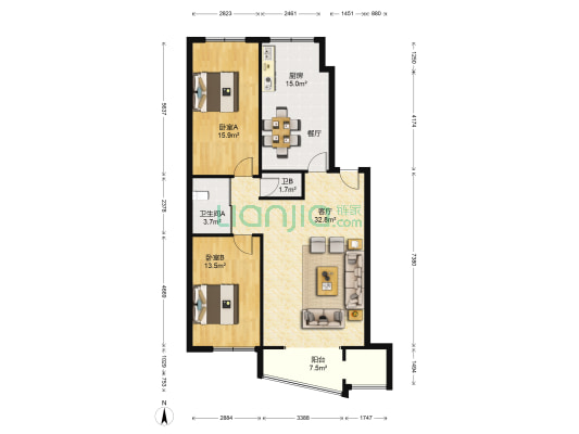 恒东花园 2室1厅2卫 110平方