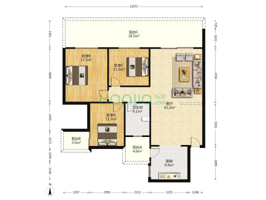 锦城花园 3室1厅1卫 129平方
