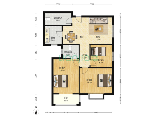 丰登小区2号院 3室1厅2卫 115平方