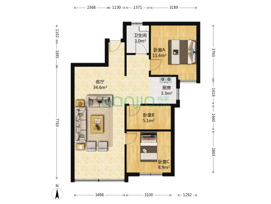 龙域香醍半岛 3室1厅1卫 71平方