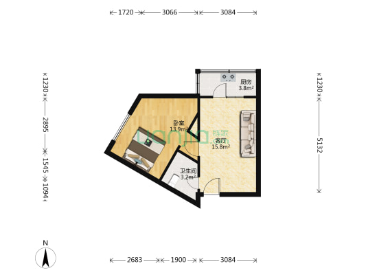 公交皮革厂宿舍 1室1厅1卫 47平方