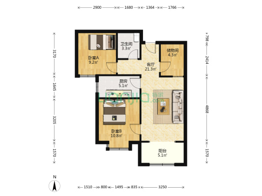 海都国际广场 2室1厅1卫 83平方