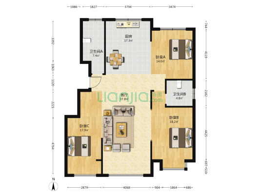 丰金广场 3室1厅2卫 142平方