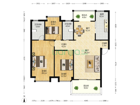 银杏廊亭 3室2厅2卫 120平方
