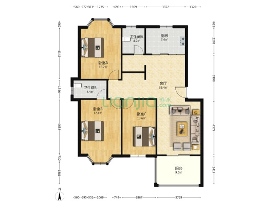 蓝色雅典(颍州区) 3室1厅2卫 127平方