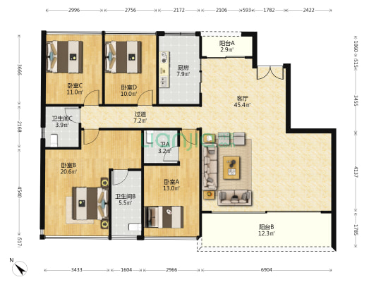 保利阅江台 4室1厅3卫 173平方