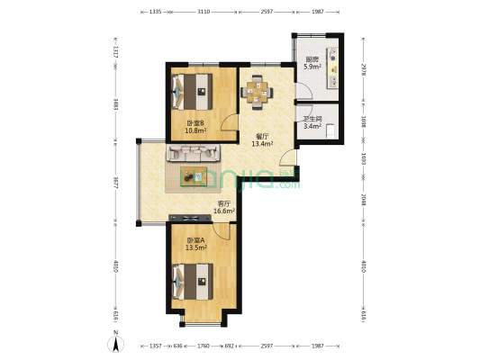 北苑绿洲 2室2厅1卫 86平方