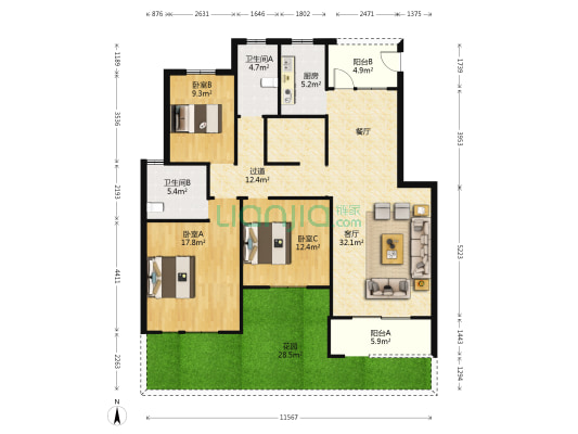 德客城 3室1厅2卫 123平方