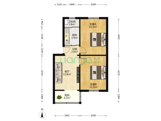电影公司宿舍 2室1厅1卫 66平方