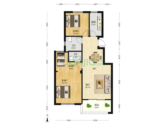 春江花苑 3室1厅2卫 99平方
