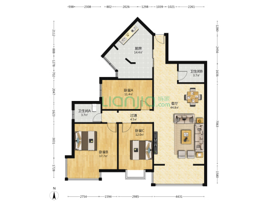 绿苑小区 3室1厅2卫 143平方