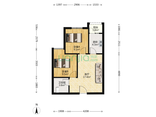 精装小2房，住家安静，中间楼层，小区环境佳，双轻轨-户型图