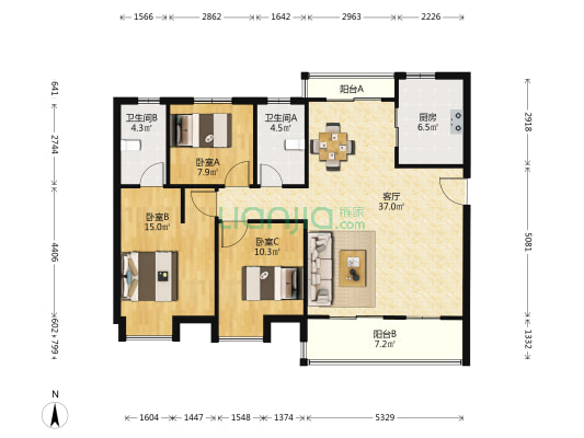 联投驿园二期 3室1厅2卫 125平方