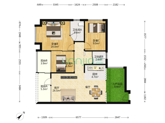 幸福里 3室1厅2卫 87平方