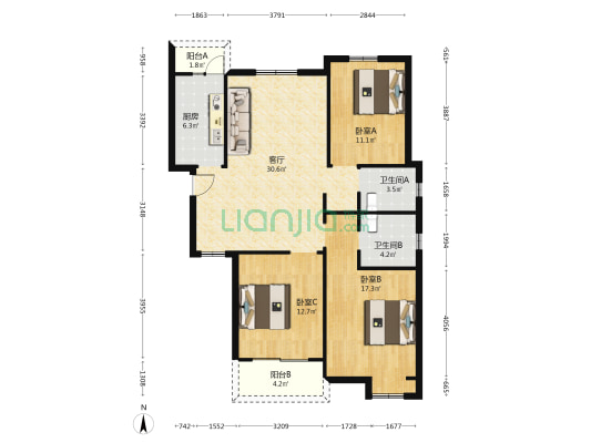 翠馨苑 3室1厅2卫 118平方