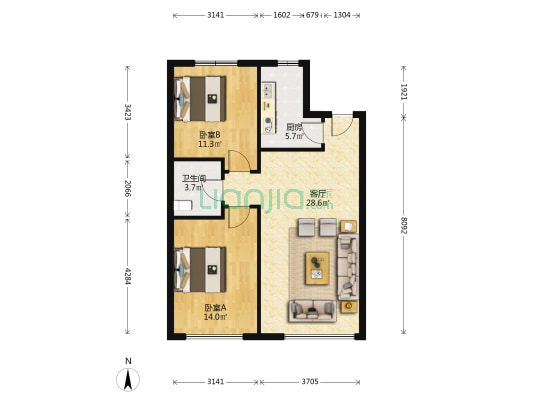 安邦阳光尚城 2室1厅1卫 87平方