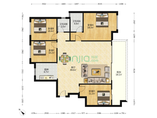 彰泰联发沁园春 4室1厅2卫 143平方
