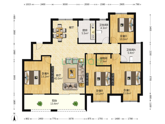 中梁望府 4室1厅2卫 141平方