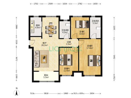 中新国际东城三区 3室1厅2卫 126平方