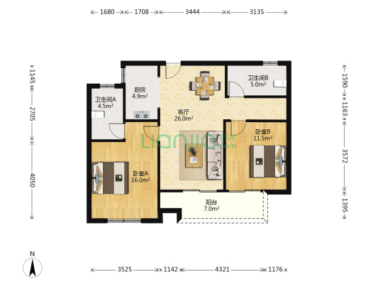 金竹新城 2室1厅2卫 101平方
