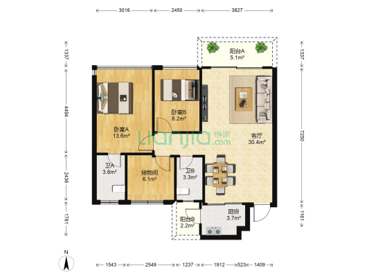 美立方花园 2室1厅2卫 91平方