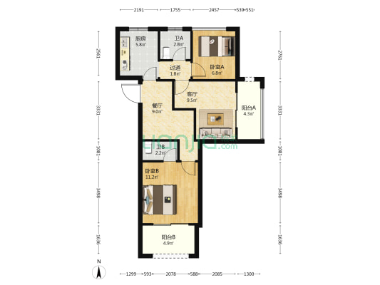 马桥小镇广场 2室2厅2卫 98平方