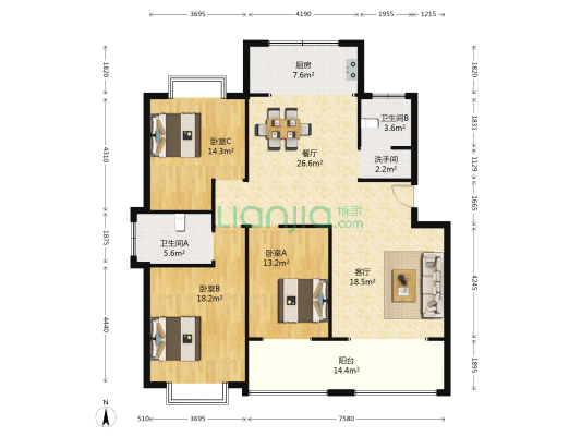 卧龙山庄 3室2厅3卫 152平方