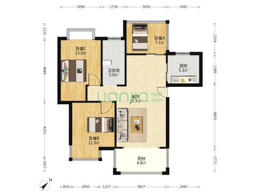水木清华 3室1厅1卫 91平方